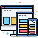 monitor, tablet and mobile phone showing responsive design in cartoon style