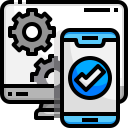 monitor with two gears on it and mobile phone with blue checkmark in cartoon style